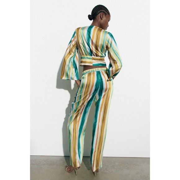 ZARA STRIPED PRINT STRAIGHT CUT PANTS NWT M RUNS M NEW - Picture 4 of 5